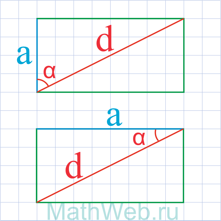 Сторона прямоугольника через диагональ и угол между ними.